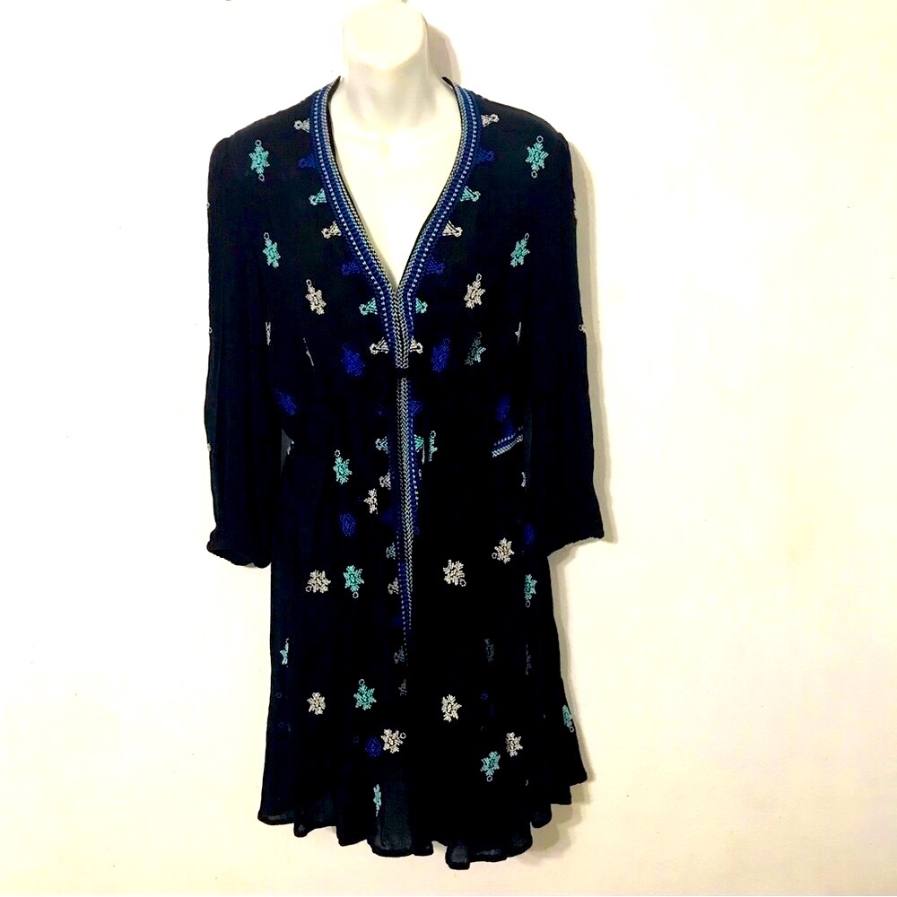 Free People Black Embroidered V-Neck Mini Dress with Blue & Teal Accents